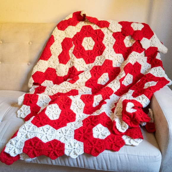 Hand Crafted Other - Handmade Red and Cream Crochet Blanket Afghan